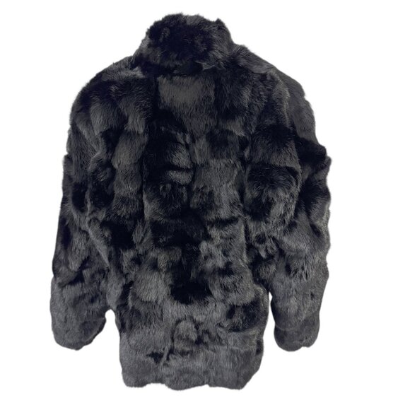 Black Rabbit Fur Coat Jacket Oversized Sleeves Size M Zip Front Vintage 1980s - Picture 6 of 8